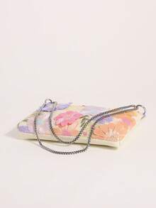 Bunte 3D bestickte Blumen-Applikation Umschlagtasche Damen Kette Schulter Umhängetasche geeignet für Urlaub (zufälliges Blumenmuster) - Beige - Übersicht 8