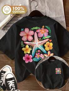 New Summer Fashion: Casual Women's Top With Double-Sided Watercolor-Style Print, Featuring Starfish, Flowers, And Leaves, Short-Sleeved T-Shirt. - 黑色 - 查看 1