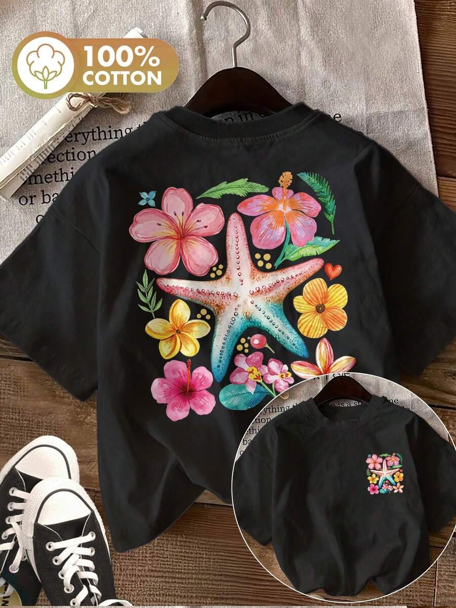 New Summer Fashion: Casual Women's Top With Double-Sided Watercolor-Style Print, Featuring Starfish, Flowers, And Leaves, Short-Sleeved T-Shirt. - 黑色 - 查看 1