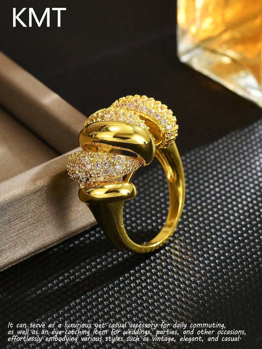 Copper Inlaid Hollow Geometric Interwoven Women's Ring, Suitable For Those Who Prefer Luxurious, Stylish Or Sweet-Cool Mixed Styles, Especially Those Who Enjoy Niche Designs And Seek Unique Accessories. It Is Very Suitable For Students And Working Women. Can Be Given To Best Friends Or Girlfriends, Also Can Be A Delicate Small Gift For Yourself. - Geometric - View 1