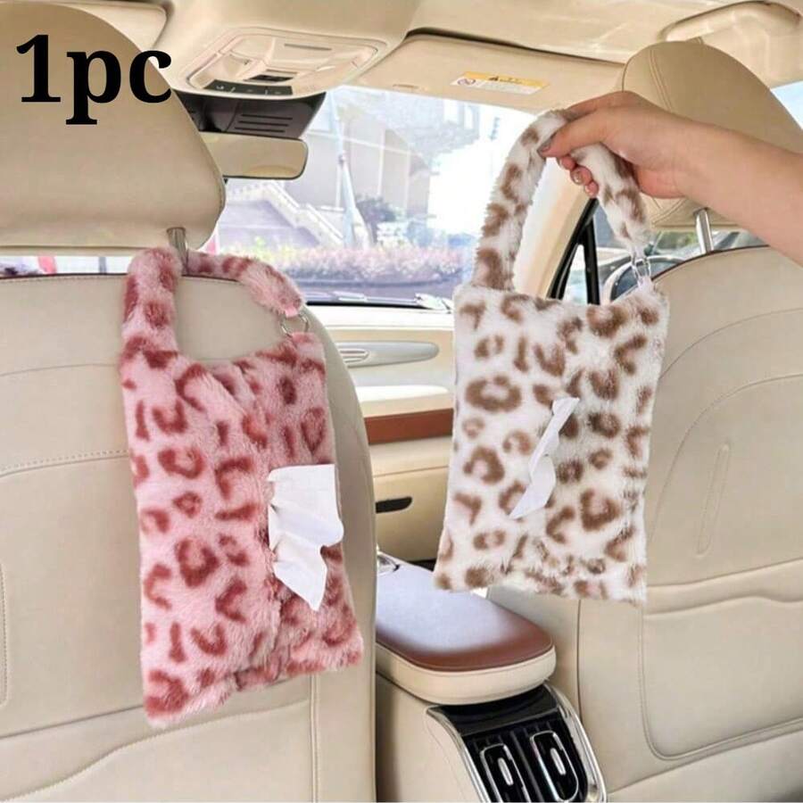 1pc Cute Plush Leopard Print Car Tissue Box, Hanging Car Seat Tissue Paper Bag, Car Interior Tissue Paper Holder