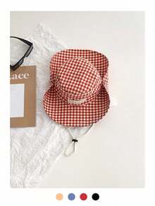 Vintage Check Pattern Patchwork Contrast Color Drawstring Wide Brim Bucket Hat, Unisex Boho Vacay Spring/Summer Sun Protection Hat, Bright Monochromatic Looks, Tie-Up UV Protection Travel Hat,Beach,Vacation - Multicolor - View 9
