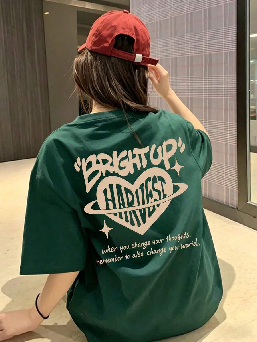 New Summer Z-Gen Y2K Style Women's Heart Print Round Neck Short Sleeve T-Shirt Casual - Dark Green - View 1