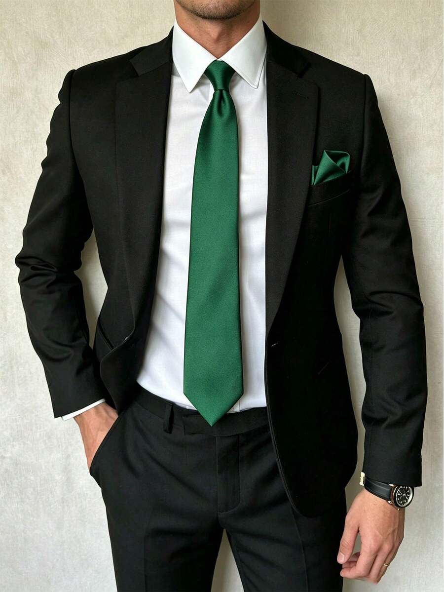 Emerald Green Solid Feel Tie Set With Cufflinks And Pocket Square For Formal Wear - Green - View 1