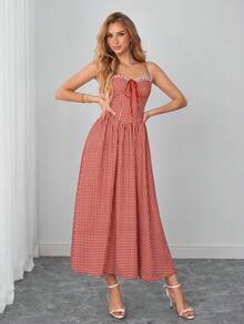 PARTHEA Casual Red Gingham Midi Dress With Pockets For Women, Lace Trim V Neck Front Tie Adjustable Strap Smocked Back Flowy A Line Sundress - Red - View 6