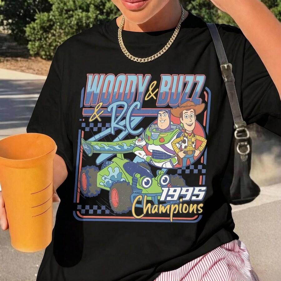 Unisex Disney Baumwoll-T-Shirt With "Toy Story" Retro Print, Woody, Buzz & RC With "1995 Champions" Schriftzug Im 90er-Jahre-Stil - 黑色 - 查看 1