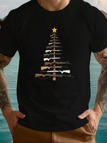 Camiseta casual de manga corta para hombres de talla, con un diseño de árbol de Navidad hecho de armas de fuego, para el verano y adecuada para tallasás grandes. - Blanco - Ver 8