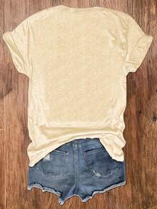 Western Style Letter Printed Round Neck T-Shirt, Casual Vacation Women'S Short Sleeve Top, Women'S Clothing, Retro Loose-Fit T-Shirt - 杏色 - 查看 2
