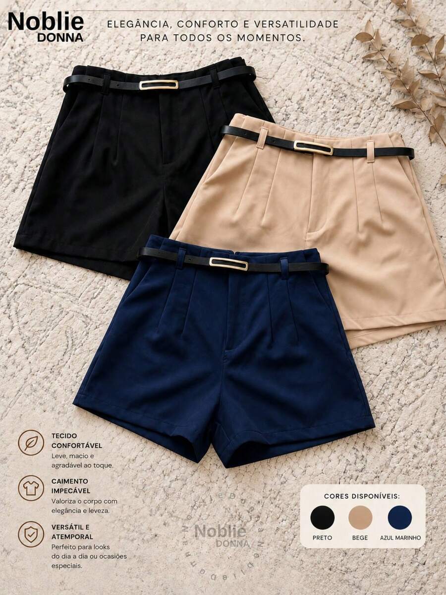 Set Of 3 Women's High-Waisted Tailored Shorts + 1 Free Belt - 1件黑色 1件米色 1件藏青色 - 查看 1