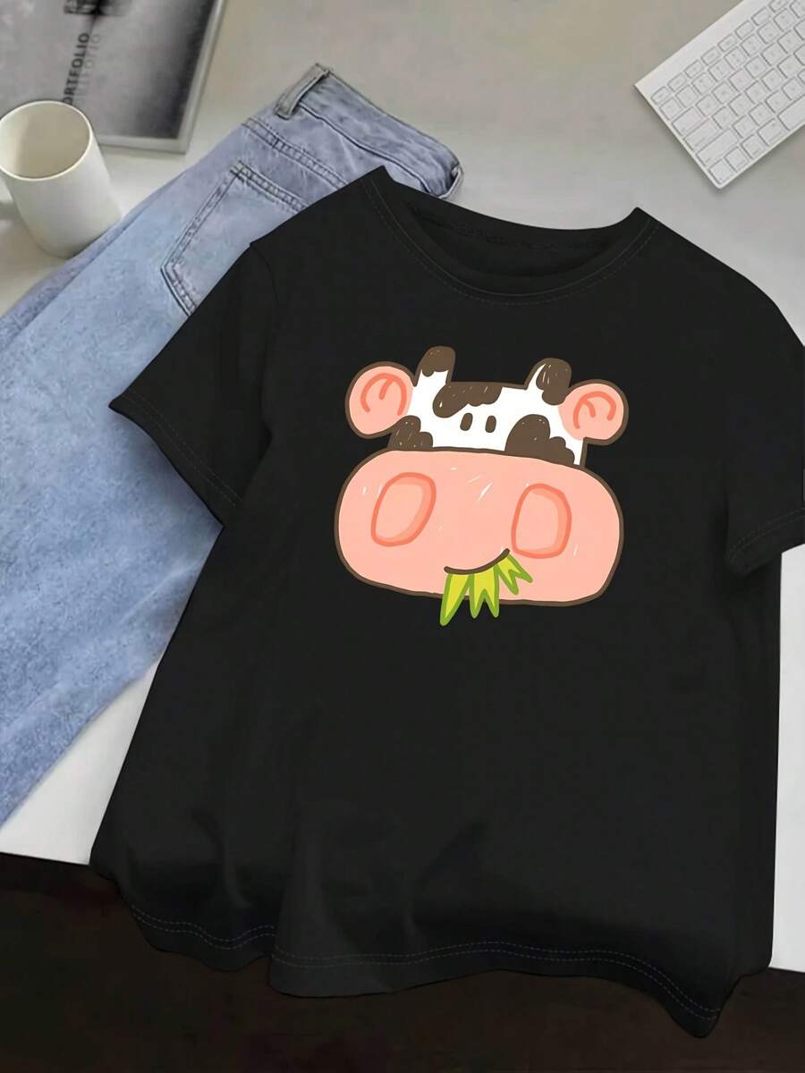See, Cartoon Cow Face Design And Black Spots, Breathable For Everyday Wear In Spring And Summer, Available In Various Colors (Light Beige Shown) Women's Blouses - Black - View 1
