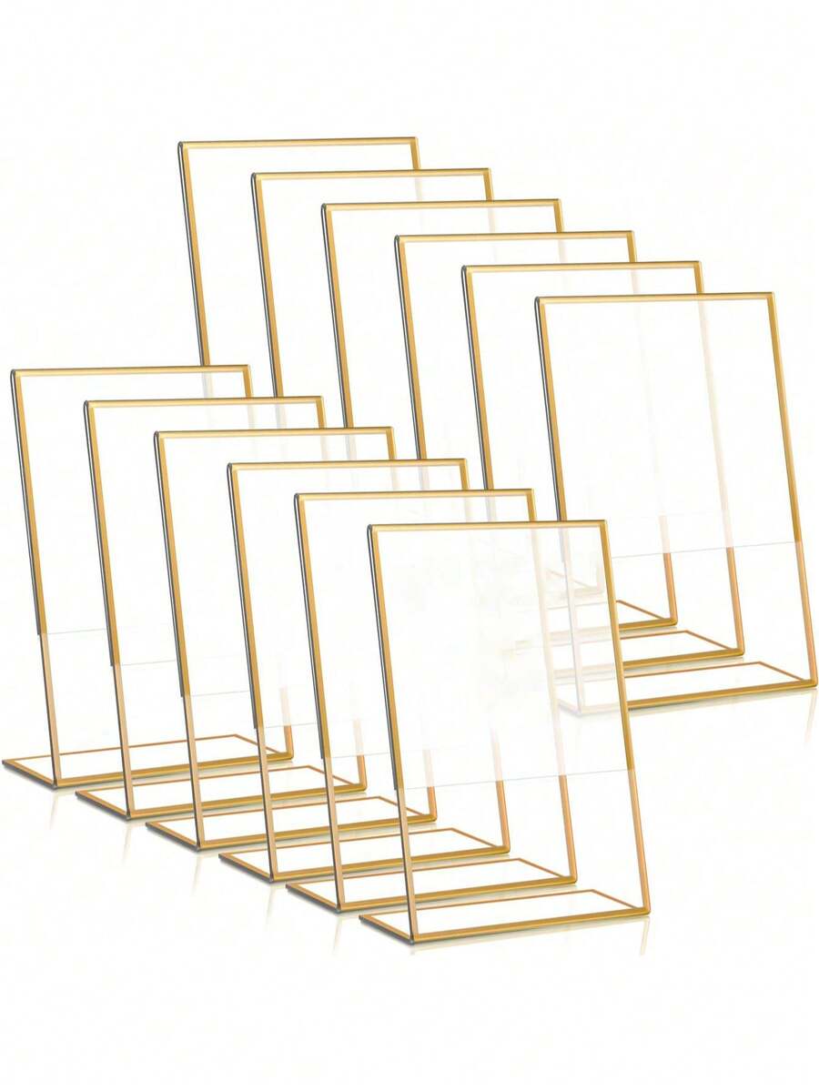 1/6/12 piezas Soporte de letrero acrílico dorado de 4 x 6 pulgadas, marco de fotos, soporte de letrero vertical de escritorio, marco de menú transparente, adecuado para bodas, restaurantes, oficinas, tiendas, hoteles - Multicolor - Ver 1