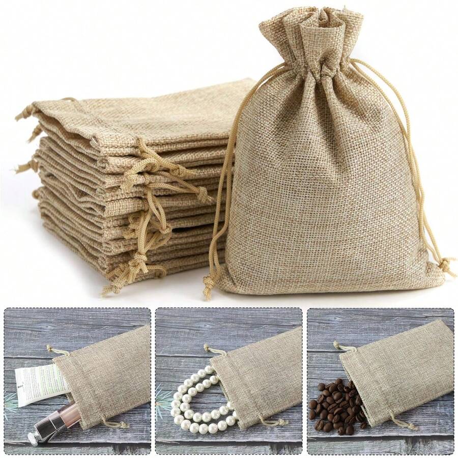 5/10pcs Premium Linen Drawstring Gift Bags, Reusable Linen Gift Bags, Suitable For Wedding Favors, Party Jewelry Storage Bags, Christmas, Coffee, DIY Crafts - View 1
