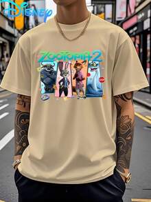 Men'sDisney Short-Sleeved T-Shirt,Printed With Zootopia's Classic Animated Character Pattern,Round Neck Shirt,Outdoor Men's Wear In Spring And Summer - Apricot - View 1