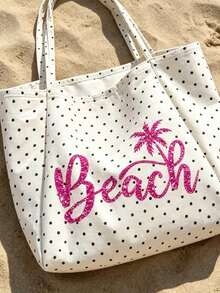 白色波點海灘托特包，飾有「Beach」字母與棕櫚樹印花，大容量帆布單肩包，可重複使用，適合購物與旅行，可折疊帆布單肩托特包，通勤包，平板電腦包，收納包，夏季必備旅行包 - 彩色 - 查看 6