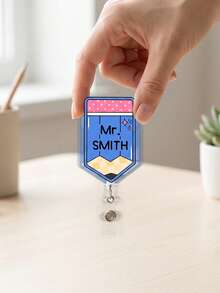 1Pc Custom Text Pencil Badge Reel, Personalized Teacher Name Acrylic Retractable ID Holder, 4 Colors, Durable Clip; Ideal Gift For Teachers - Multicolor - View 4