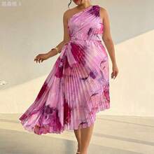 yonghongmaoyi1  Vestido sin mangas con estampado floral teñido anudado y bajo asimétrico, estilo de vacaciones para mujer de talla grande - Morado - Ver 9