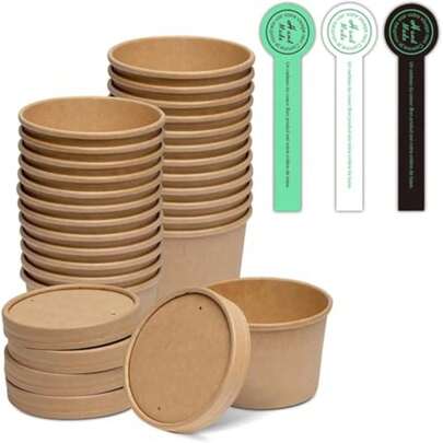 [25 Unidades - 8 oz] Tazones desechables de papel Kraft para sopa, con tapa ventilada, microondables, ideales para restaurantes, Incluye 30 etiquetas autoadhesivas extra