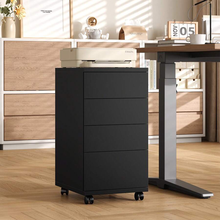 Mobile Filing Cabinet With 4 Drawers, Under Desk Filing Cabinet With Wheels, Office Cabinet For Home And Office, White/Black, 33 X 39 X 63.5 Cm - 黑色 - 查看 1