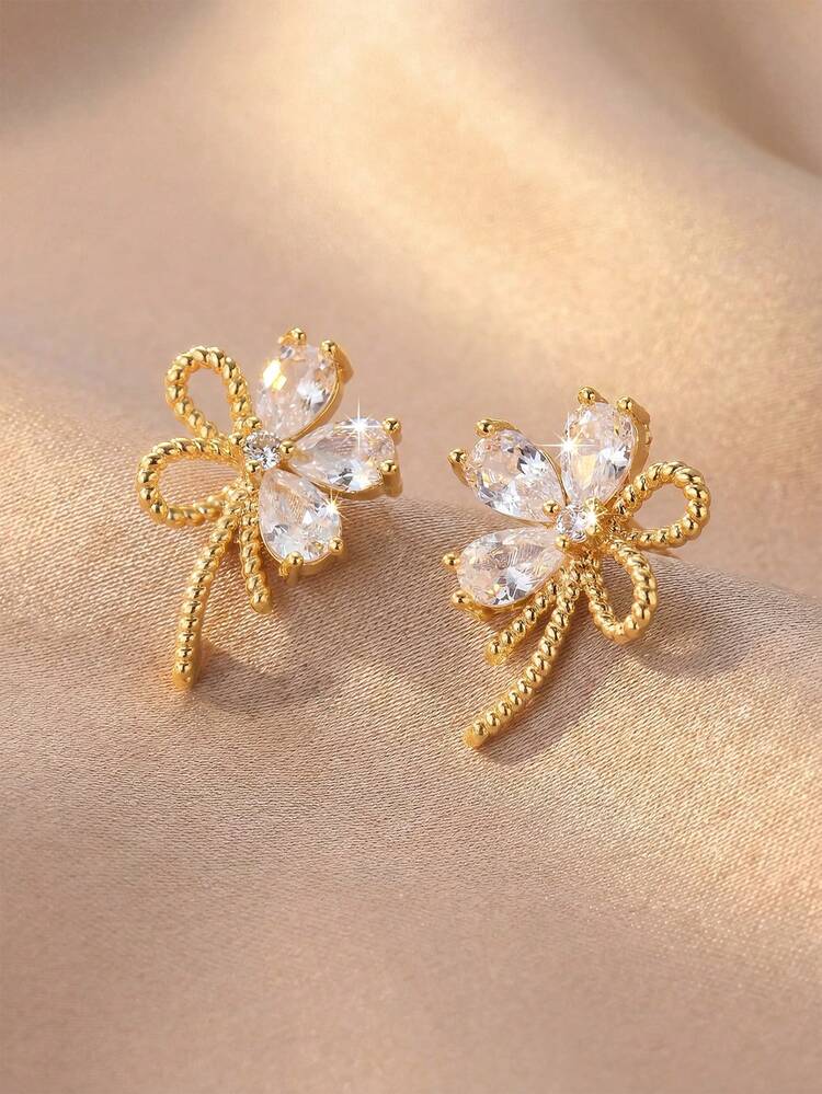 1 Pair Sweet & Exquisite Teardrop Zirconia Stud Earrings With Twisted Rope Texture And Flower Design, Suitable For Women, Dating/Daily/Holiday Gift Wear - Multicolor - View 6