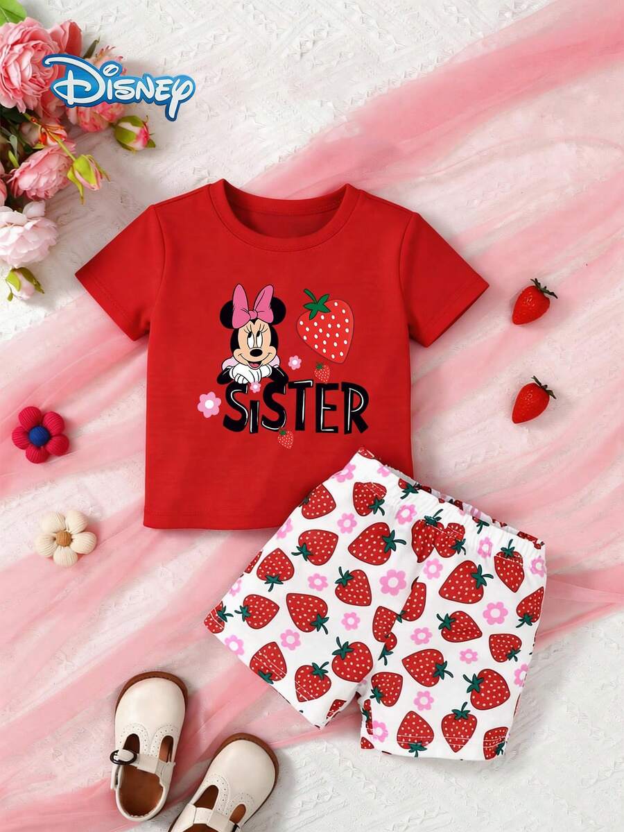 Baby Girls T-Shirt Set, Summer Disney Korean Sweet Style Regular Fit Round Neck Bright Red Strawberry Minnie Mouse Print T-Shirt + White Strawberry Floral All-Over Print Shorts Set, Casual Daily Outing Vacation Party Outfit, Suitable For Girls Under 3 Years Old - Red - View 1