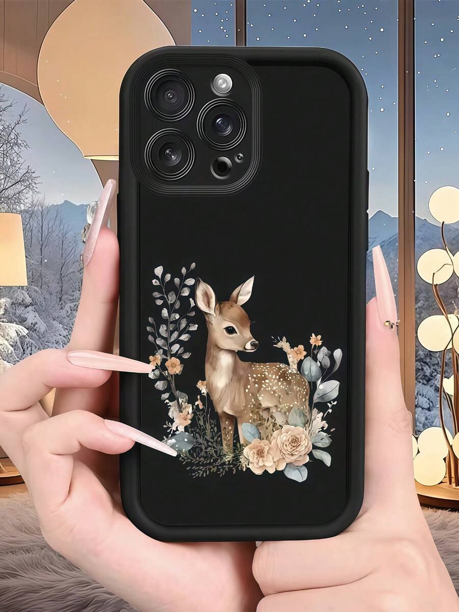 1件梯形框架多巴胺創意花朵與可愛鹿手機殼，適用於Apple 16/17 Pro Max，全覆蓋防震保護套，極簡設計，柔軟可愛卡通風格，為您的手機提供完美保護，適用於Honor X7/Galaxy A56 5G/Smart 8/Hot 40/Spark 30C/Spark Go 2024/Note 14 5G/E22/E22i/A54 - 黑色 - 查看 1