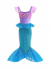 Vestido de sirena con lentejuelas azul & púrpura para niñas jóvenes con broche de piedra preciosa y mangas de mariposa, vestido de fiesta y actuación, conjunto de varita mágica, corona y guante a juego, vestido de noche para fiesta, juego de roles, adecuado como regalo de cumpleaños para niñas, adecuado para fiesta en la playa, reunión de amigos y otros eventos grandes - Morado - Ver 3