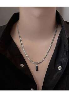 Collar con colgante de piedra preciosa negra de moda para hombres, cadena cubana plana de acero inoxidable, joyería de estilo hip-hop, joyería de estilo europeo y americano, accesorio para fiestas, joyería para fiestas, regalo para novio, regalo del Día de San Valentín - Multicolor - Ver 1