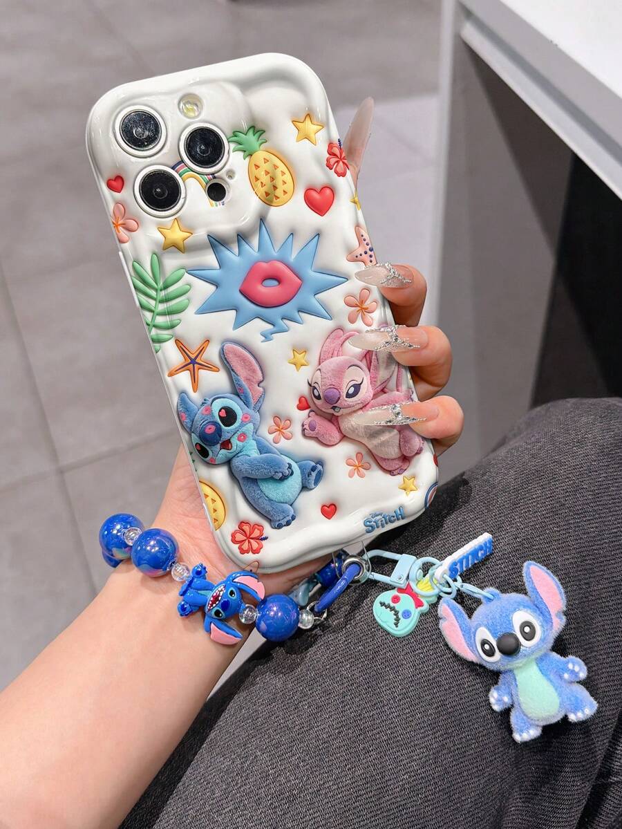 Disney Has Authorized, Phone Case - Chain Set, The Stitch Lilo & Stitch 3D Phone Case Plus A Silicone 3D Stitch Bracelet With Metallic Ring Removable Bracelet, Stitch And Angel Pattern, Compatible With Iphone17/16/15/14/13/12/11/XS/XR/X Plus Pro Max, A Stylish Cartoon Phone Case, The Perfect Gift Choice, Phone Protection, Durable Phone Cover, Great Gift For Friends And Family. - 白色 - 查看 1
