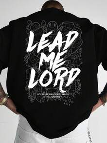 ¡Camiseta casual para hombre de estilo europeo y americano a la moda! Presenta el texto artístico de graffiti LEAD ME LORD junto con frases inspiradoras y elementos de fondo de graffiti im - Blanco - Ver 7