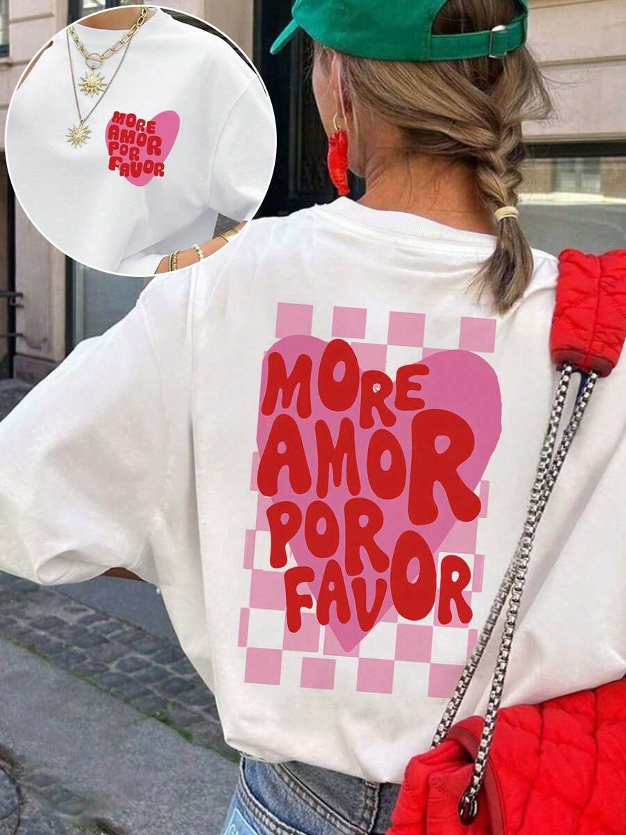 Playera para mujer de algodón, holgada, con estampado "MORE AMOR POR FAVOR" y corazón rosa, estilo casual divertido, cómoda y transpirable, ideal para diario y primavera-verano. - Blanco - Ver 1