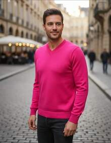 Men's Cold Weather Blouse | Men's Knitted Sweater | Winter Knitted Wool Pullover Long Sleeve V-Neck - 粉色 - 查看 1
