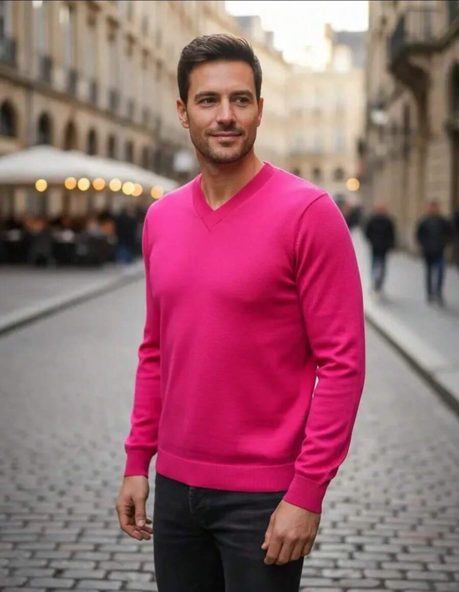 Men's Cold Weather Blouse | Men's Knitted Sweater | Winter Knitted Wool Pullover Long Sleeve V-Neck - 粉色 - 查看 1