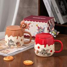 TOM AND JERRY. Cartoon Cat & Mouse Cream Rim Mug 370ml With 3D Lid + Spoon, Anti-Scald Handle, Breakfast Water Cup, Office Coffee & Milk Cup, Gift For Friends - Multicolor - View 6