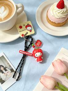 MINISO Sanrio Hello Kitty 蘋果主題鑰匙圈，可愛角色迷你公仔包飾吊飾，附黑色編織繩掛帶、蘋果壓克力吊墜與金屬掛鉤，背包錢包配件，開學禮物 - 樣式 1 - 查看 6