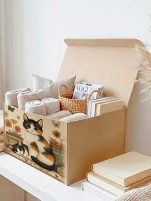 1pc Large Capacity Felt Storage Box With Cat Pattern, Practical Home Organizer For Clothes, Blankets, Bedding And Miscellaneous Items, Suitable For Closet, Living Room And Bedroom - Multicolor - View 6