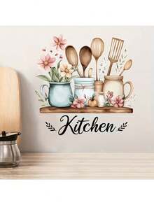 1 Pc Watercolor Kitchen Wall Decal, Removable Self-Adhesive Vinyl Wall Sticker With Utensils And Flowers, Peel And Stick Mural, Suitable For Kitchen Home Decor - Watercolor Kitchen - View 5