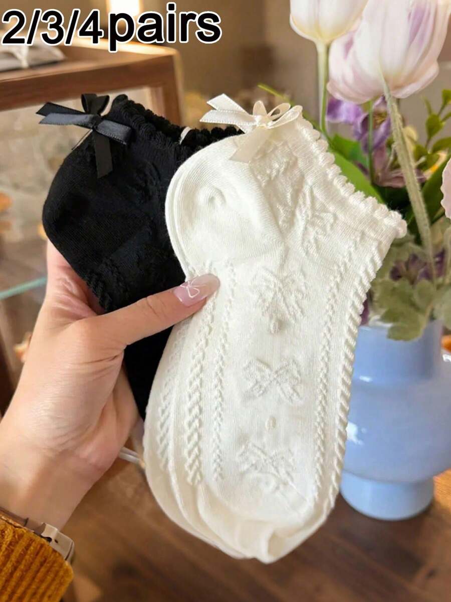 2/3/4 双装女士优雅甜美经典黑白蕾丝边蝴蝶结装饰学院风短袜,百搭日常穿着 - 黑與白 - 查看 1