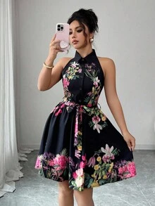 sin mangas con estampado floral y cinturón, adecuado para vacaciones de verano - Multicolor 6 - Ver 1