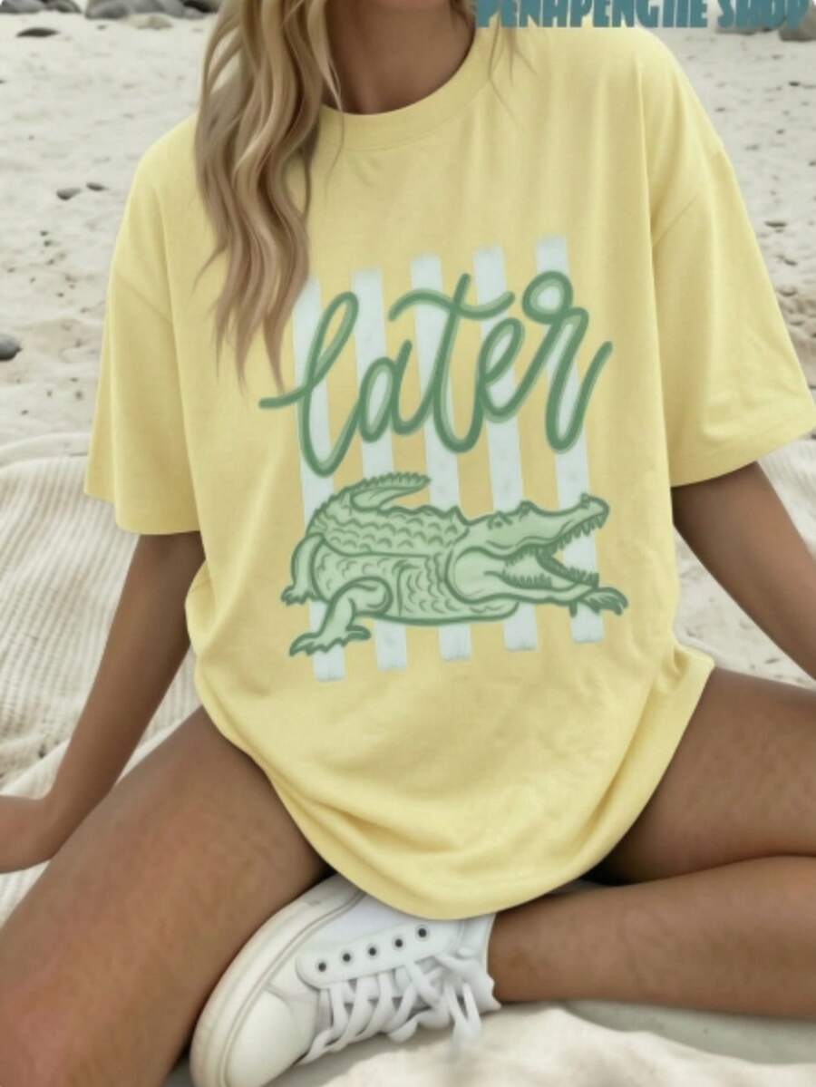 Cute Casual Yellow Short Sleeve T-Shirt With Alligator Graphic Print, Perfect Round Neck Tee For Summer Outfits - 鵝黃色 - 查看 1