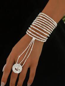 1 pieza Pulsera de cadena para dedo de cristal multicapa de moda, cadena de dedo elástica con strass brillante completa, accesorio de joyería nupcial, regalo - MS274 - Ver 9