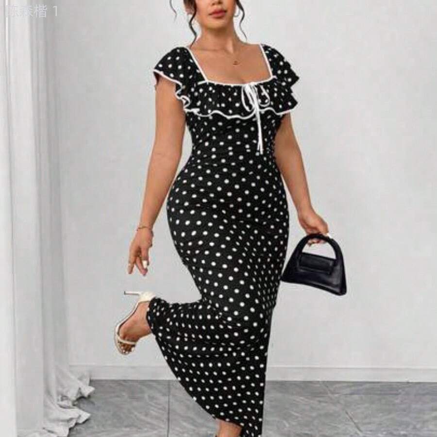 jianchaimaoyi02  Vestido maxi ajustado elegante de lunares para mujer de talla grande, con mangas con volantes, cuello cuadrado, cómodo y elástico, - Blanco y Negro - Ver 1