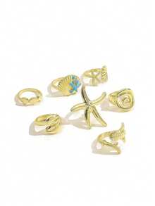 7PCS Unique Ocean Ring Set, Metal Shell Starfish Shark Design Rings, Versatile Vacation Style Hand Jewelry For Women - Gold - View 6