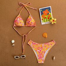 Nuevo bikini de lunares 2026: sensual bañador de dos piezas para mujer, para la playa y los balnearios - Fondo amarillo con puntos grises - Ver 11