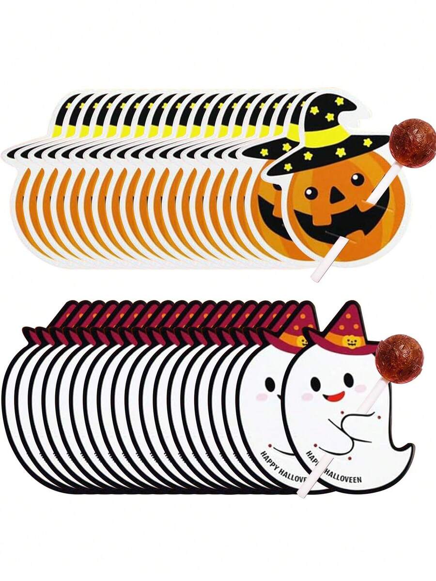 100 piezas Tarjetas de Piruleta de Calabaza y Fantasma de Halloween, Soportes de Caramelos de Halloween Lindos, Adecuados para Recuerdos de Fiesta, Meriendas de Aula, Trick Or Treaty Decoraciones de Halloween - Múltiples estilos - Ver 1