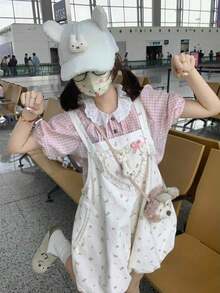 2026 Summer New Arrival: Cute Floral Print Jumpsuit And Checkered Blouse Set - Girly Style - [Single Item] Overalls Shorts - View 3