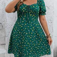yonghongmaoyi1  VCAY Vestido corto de mujer talla grande con cuello de corazón floral negro, manga corta con cordón delantero - Verde - Ver 1