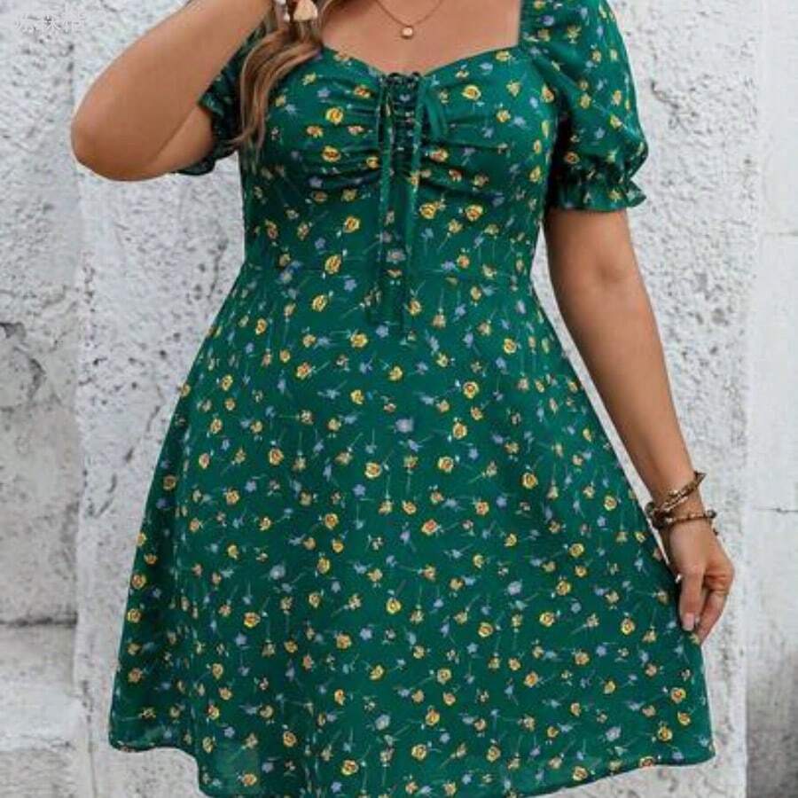 yonghongmaoyi1  VCAY Vestido corto de mujer talla grande con cuello de corazón floral negro, manga corta con cordón delantero - Verde - Ver 1