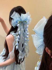 1件女款優雅蝴蝶結髮夾，甜美仙女大蝴蝶結髮飾，百搭芭蕾花朵網紗蝴蝶結鱷魚夾髮飾，抓夾髮夾 - 藍色 - 查看 1