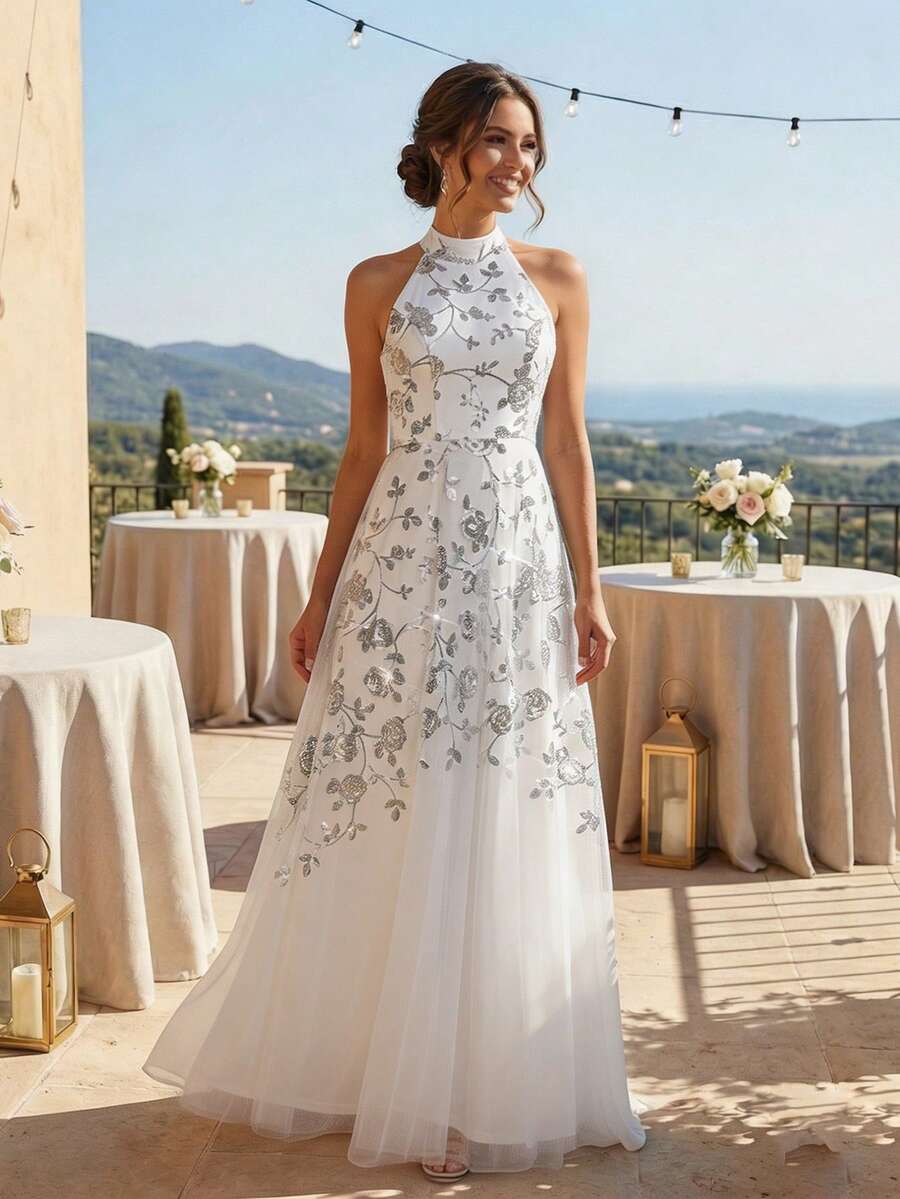 Đầm dạ hội trắng không tay, đính sequin và họa tiết hoa, thanh lịch, thích hợp cho lễ đính hôn, đám cưới, tiệc ngoài trời, tiệc tùng, tiệc chiêu đãi. - trắng - Xem 1