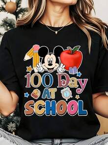 Disney Mickey Mouse 100 Day At School Apple Pencil Backpack Clock Women's Round Neck Shirt Summer Tops Comfortable Casual Women Clothes - 黑色 - 查看 1